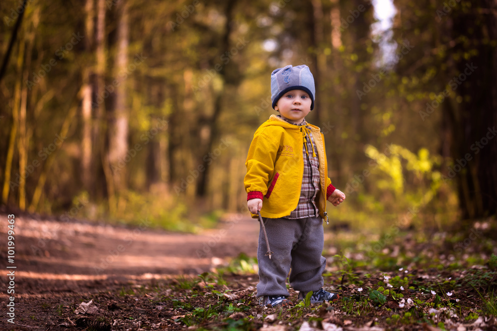 Little caucasian boy playing in springtime forest. Little caucasian boy playing in springtime forest.