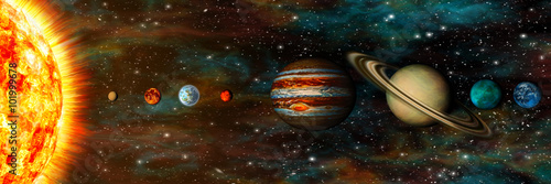 Canvas Print Solar System, planets in a row, ultrawide