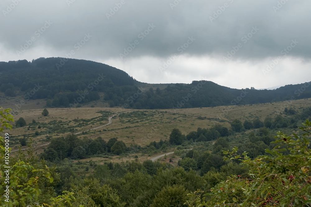 Landscape of Petrohan passage at Balkan mountain in cloudy day, Bulgaria 