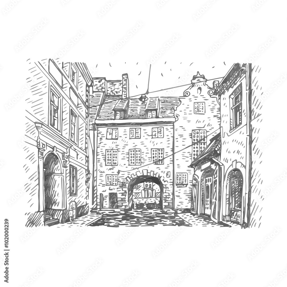 Swedish Gate in the old city of Riga, Latvia. Vector freehand pencil sketch.