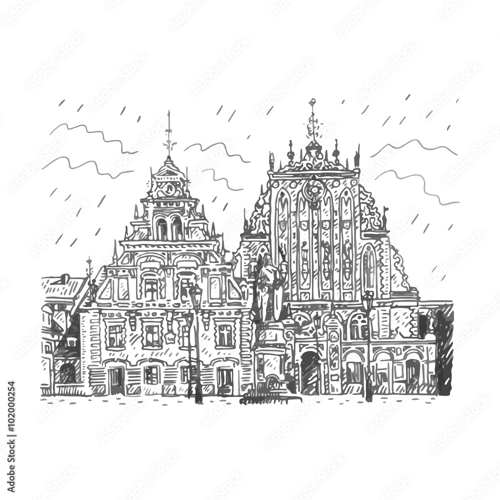 The historic House of the Blackheads and statue of Saint Roland in the old town of Riga, Latvia. Vector freehand pencil sketch.