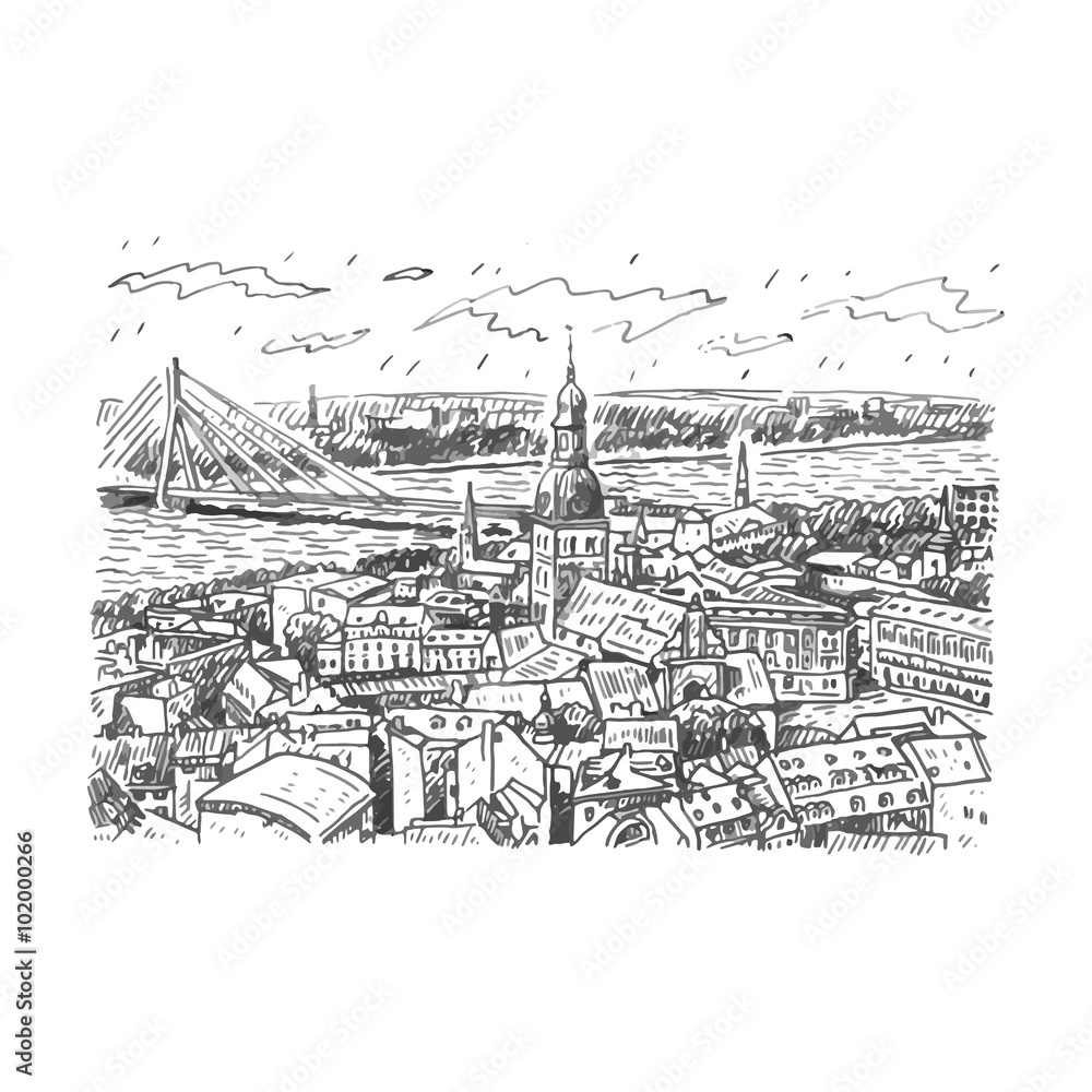 The panorama view of Riga, Latvia. Vector freehand pencil sketch. The panorama view of Riga, Latvia. Vector freehand pencil sketch.