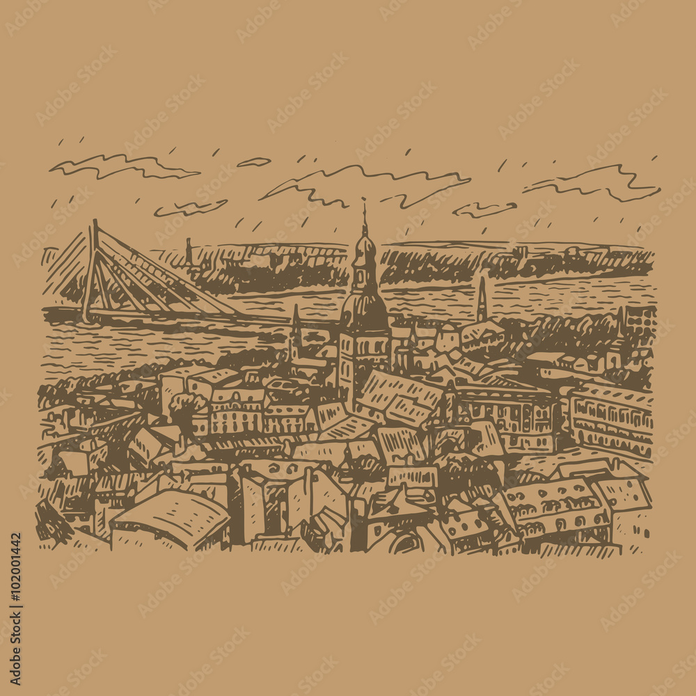 The panorama view of Riga, Latvia. Vector freehand pencil sketch.