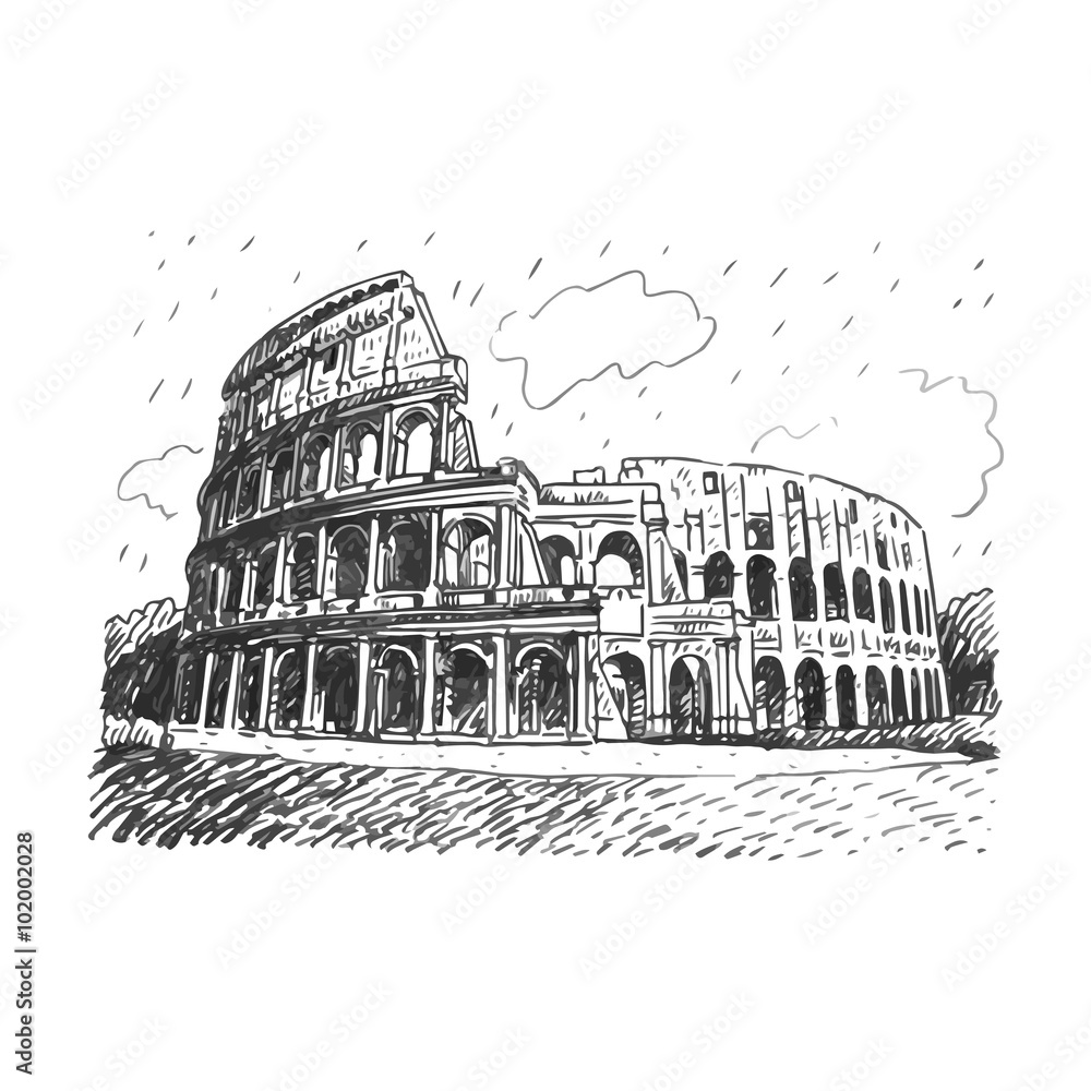 Colosseum in Rome, Italy. Vector hand drawn sketch.