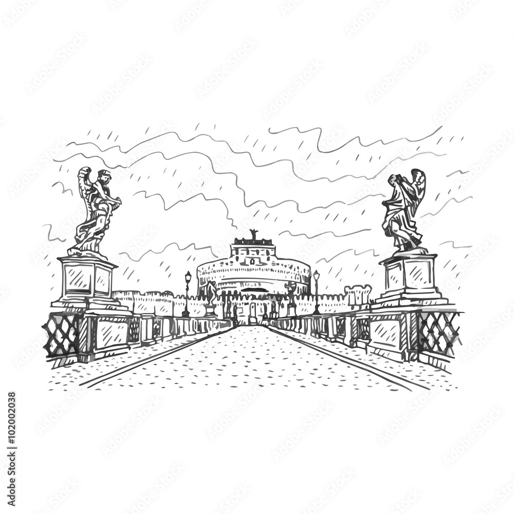 View of Castel Sant'Angelo from bridge Ponte Sant'Angelo in Rome, Italy. Vector hand drawn sketch. View of Castel Sant'Angelo from bridge Ponte Sant'Angelo in Rome, Italy. Vector hand drawn sketch.