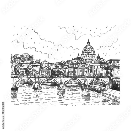 View at Tiber and St. Peter's cathedral in Rome, Italy. Vector hand drawn sketch.