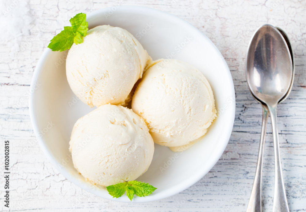 Vanilla Ice Cream with Mint in bowl Homemade Organic product