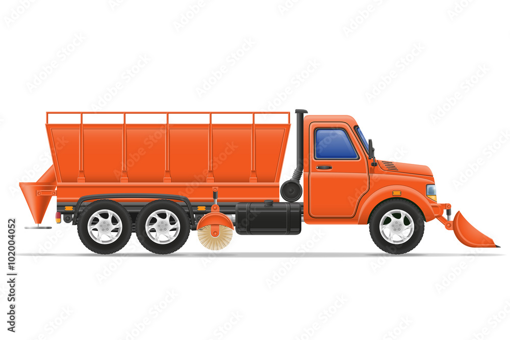 cargo truck clearing snow and sprinkled on the road vector illus
