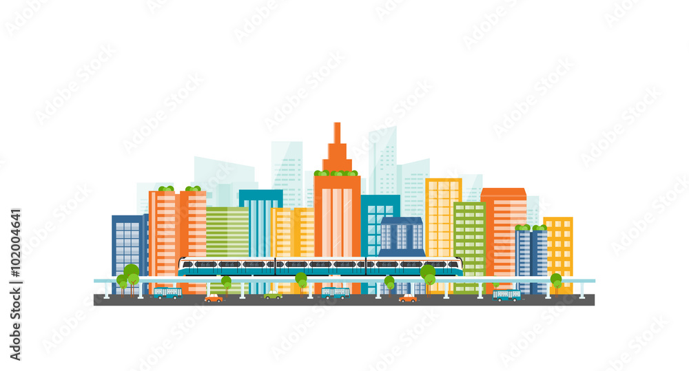 Capital.downtown.electric train. transportation. color full building