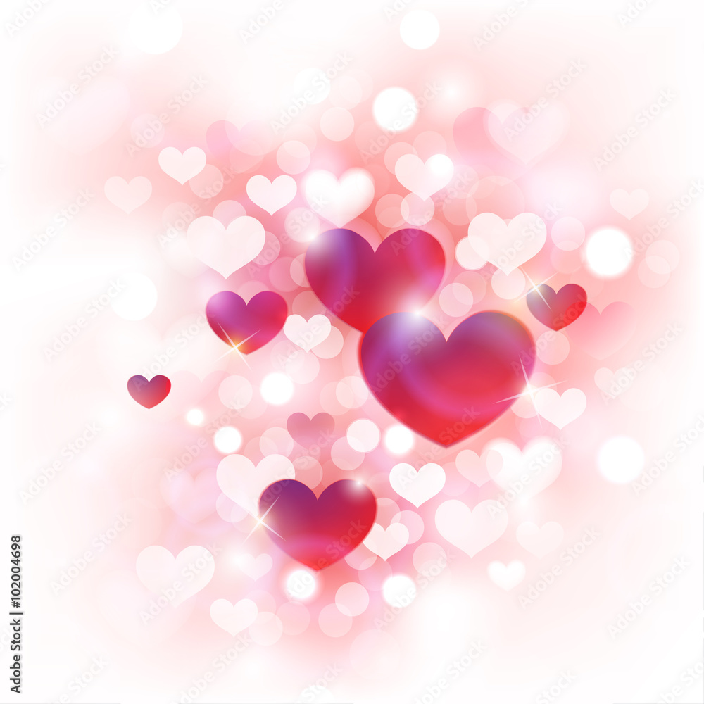 Abstract Background for Valentine's Day with Cute Pink, Red and White Hearts in Front of De-focused Lights  