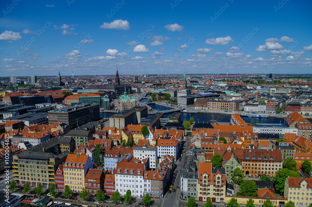Panorama view of Copenhagen city  in sunny spring day, Denmark