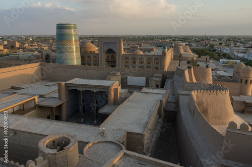 Khiva, Uzbekistan - 1 May 2015: Panorama of old sity in sunset photo