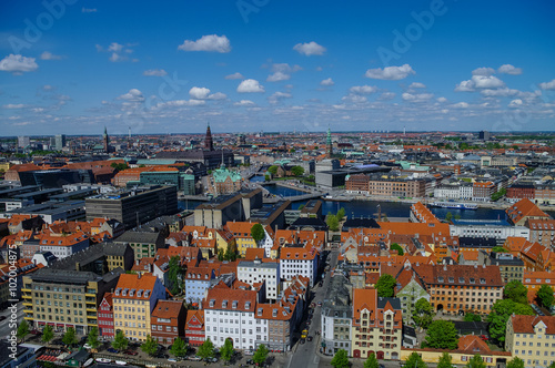Panorama view of Copenhagen city in sunny spring day, Denmark