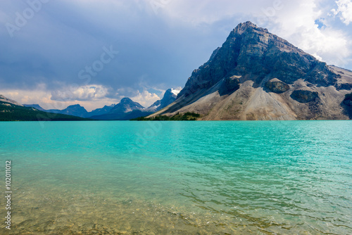 Fragment of mountain lake trail in Alberta, Canada, Rocky Mountains. Bow Lake.
