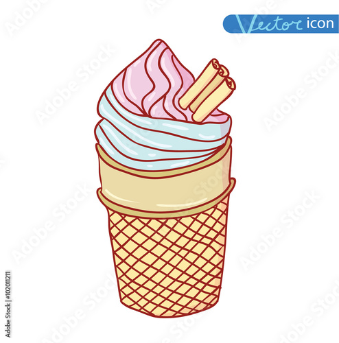 Icon of ice cream with cone, vector illustration.