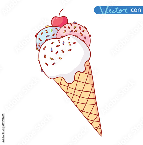 Icon of ice cream with cone, vector illustration.