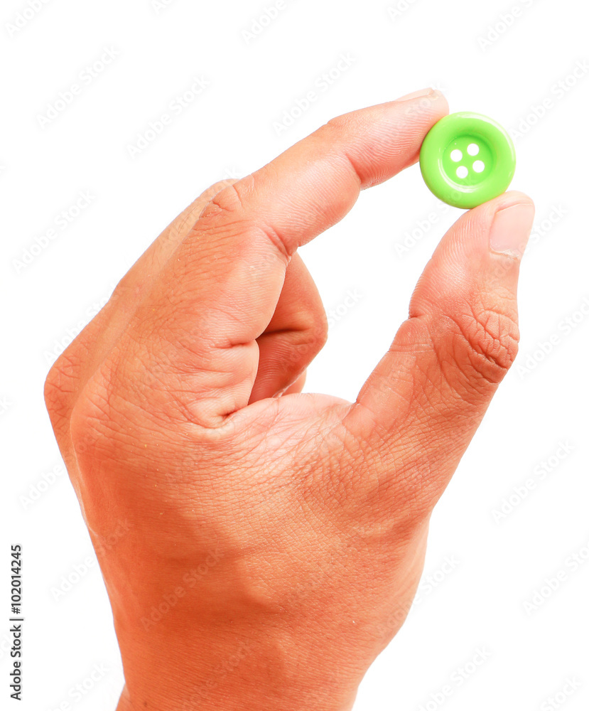 Fototapeta premium Man hand with button isolated on white background.