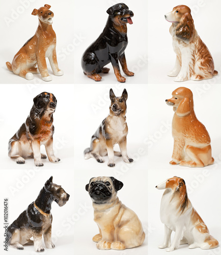 Collage of ceramic statues of dogs