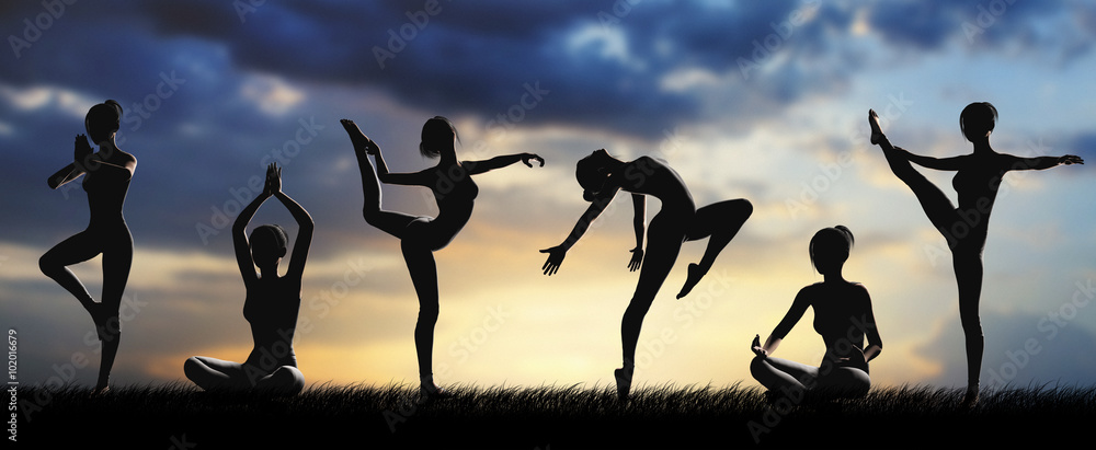 Fotografia Donne silhouette fitness allenamento yoga su EuroPosters.it