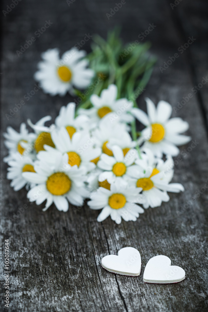 Obraz premium Beautiful fresh daisies decorated with hearts on wooden texture