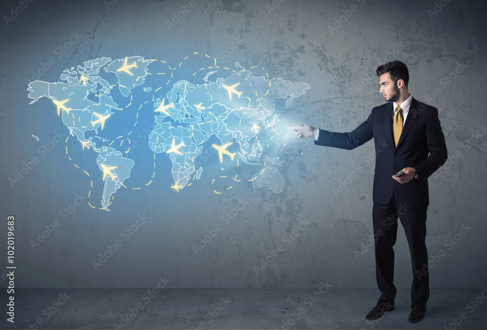 Business person showing digital map with planes around the world Business person showing digital map with planes around the world