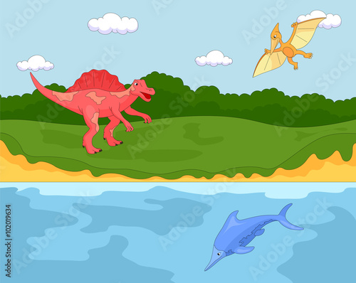 Funny cute pterodactyl, ichthyosaur and spinosaurus. Educational © fir4ik