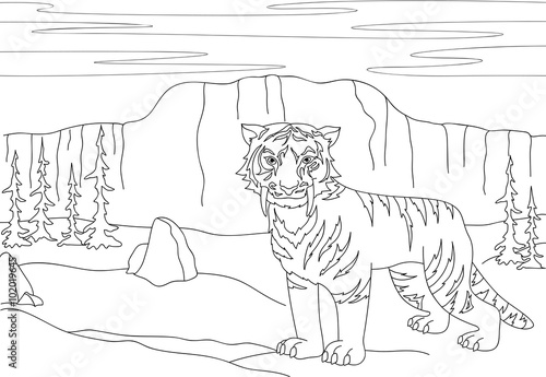 Cartoon saber-toothed tiger on the background of a prehistoric n