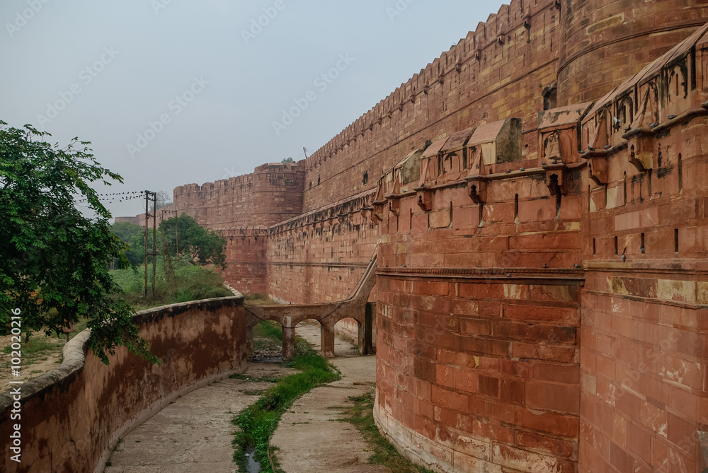 Walls of the Red Fort of Agra, India. UNESCO World Heritage site