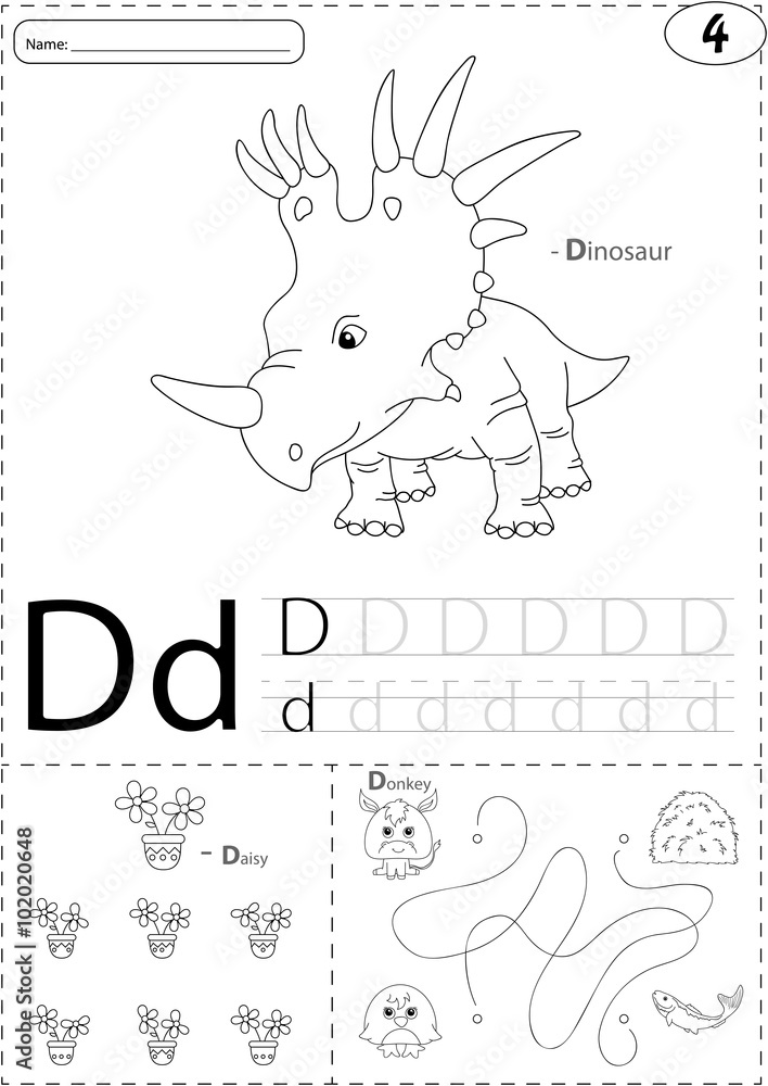 Cartoon dinosaur, daisy and donkey. Alphabet tracing worksheet: Stock ...