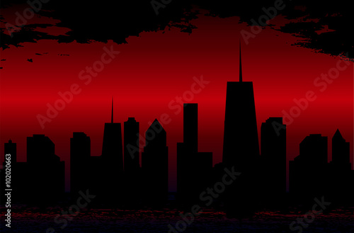 Sunset over the Cities Silhouette. Vector Illustration.