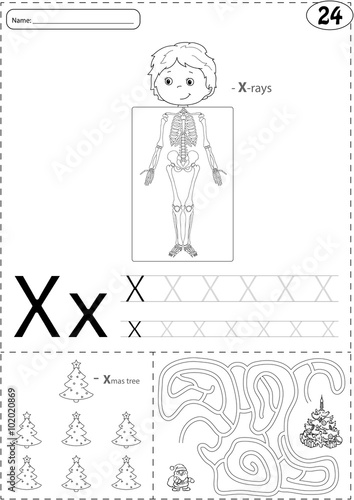 Cartoon x-rays sceleton and xmas tree with Santa. Alphabet traci