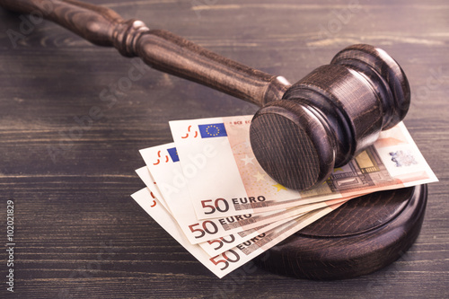 Gavel and four euro banknotes photo
