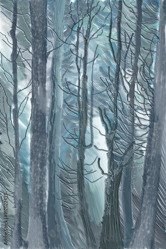 Abstract blue winter forest digital painting