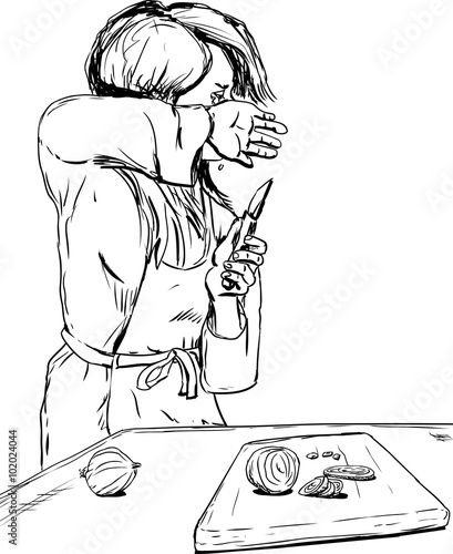 Outline of woman wiping tears while chopping onions