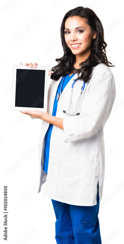 Hispanic Nurse with Digital Tablet on White Hispanic Nurse with Digital Tablet on White