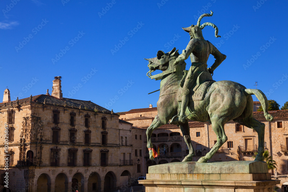 Equestrian statue of Francisco Pizarro (conqueror of Peru) in Trujillo main square, province of Caceres, Spain