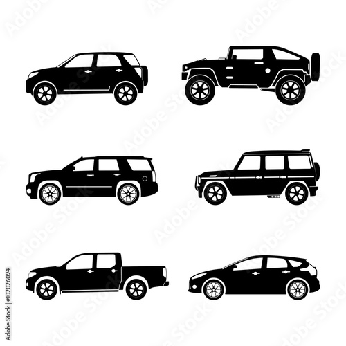 Black silhouette cars on white background. Vector SUV set photo