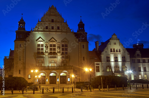 Neorenaissance facade of the building of the university auditorium at night in Poznan.