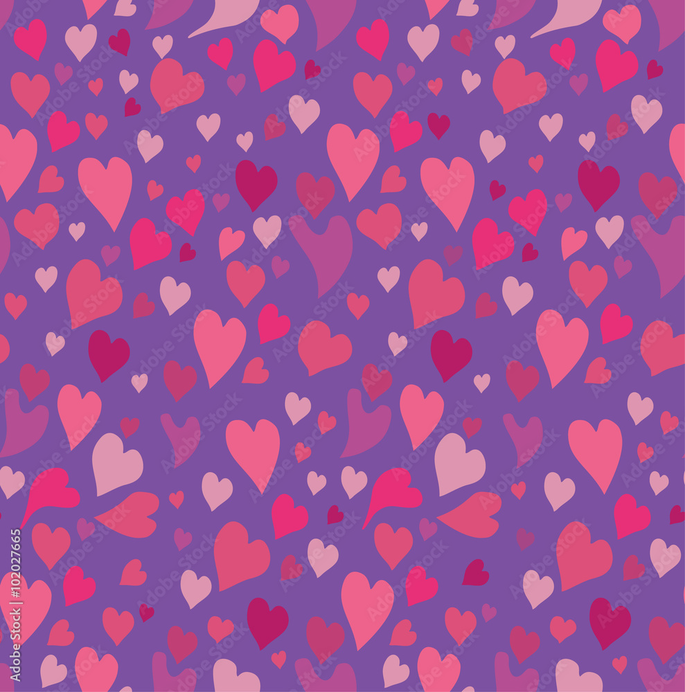 Seamless pink hearts on a purple background.