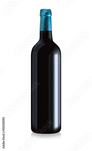 Bottle of red wine isolated with cyan foil on a white background. Clipping path.
