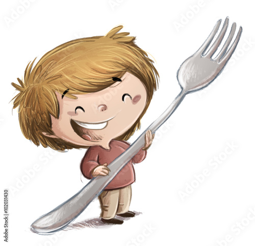 Bild auf Leinwand niño con tenedor gigante