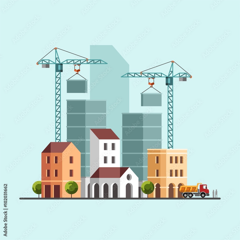 Construction site. Under construction. Building business. Construction industry. Vector flat illustration.