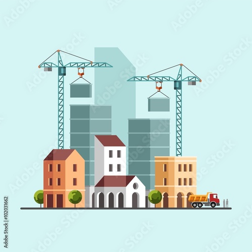 Construction site. Under construction. Building business. Construction industry. Vector flat illustration.