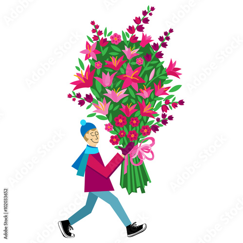 Flat illustration with guy buying bouquet of flowers