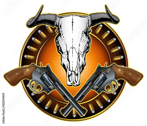 Western Crossed Pistols and Skull Design is an illustration of crossed revolvers, a bull or steer skull and a ring of bullets in a American western style design.