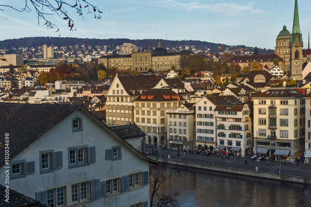 Amazing Panoramic of city of Zurich and Limmat River, Switzerland
