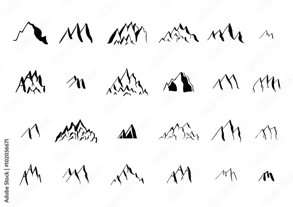 Hand drawn ink mountain elements collection.