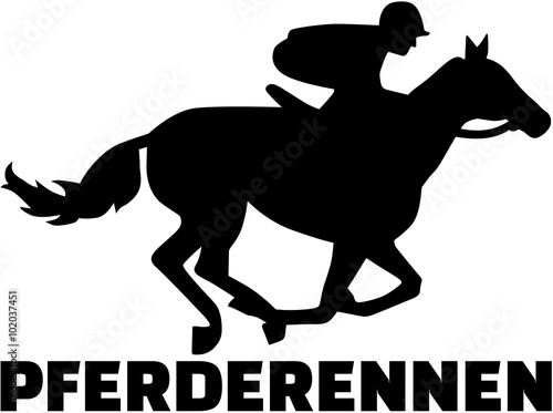 Racing horse with rider and german word