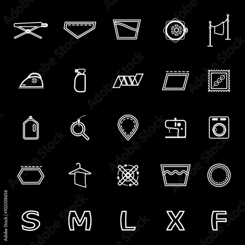 Cloth care sign and symbol line icons on black