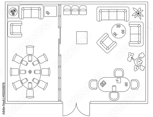 Architectural set of furniture. Design elements for floor plan, premises. Thin lines icons. Office equipment. Tables, sofa, computer people flowers. Standard size. Vector